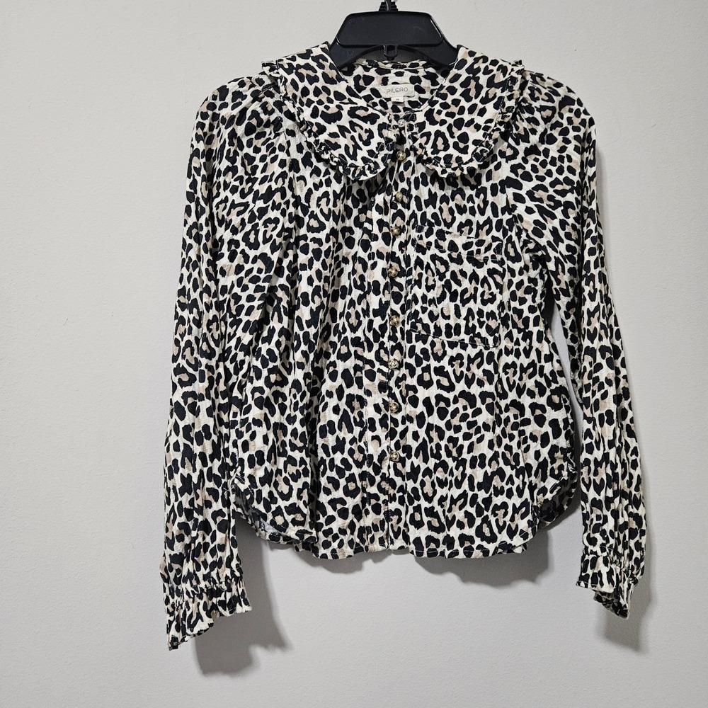 Pilcro Anthropologie‎ XS Leopard Print Ruffle Peter Pan Collar Cotton Blouse
